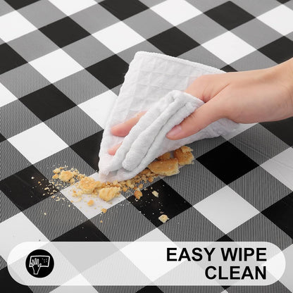 Waterproof Fitted Vinyl Tablecloth, 6FT Table Cover and round 36"-44" in Black and White, 2 Item Bundle