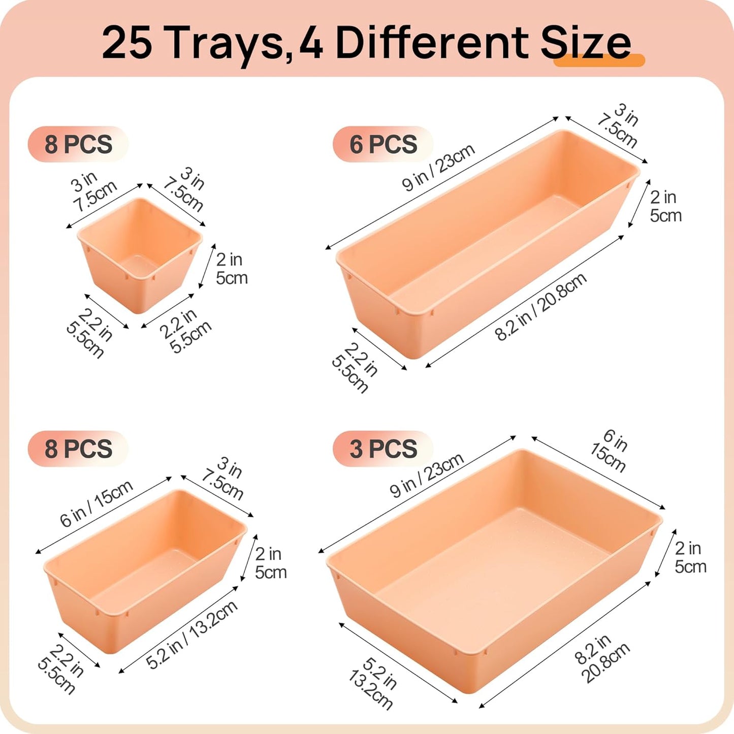 25 PCS Plastic Drawer Organizers Set, 4-Size Versatile Bathroom and Vanity Drawer Organizer Trays, Storage Bins for Makeup, Bedroom, Kitchen Gadgets Utensils and Office