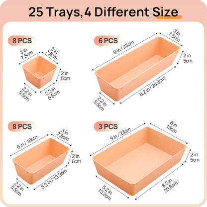 25 PCS Plastic Drawer Organizers Set, 4-Size Versatile Bathroom and Vanity Drawer Organizer Trays, Storage Bins for Makeup, Bedroom, Kitchen Gadgets Utensils and Office