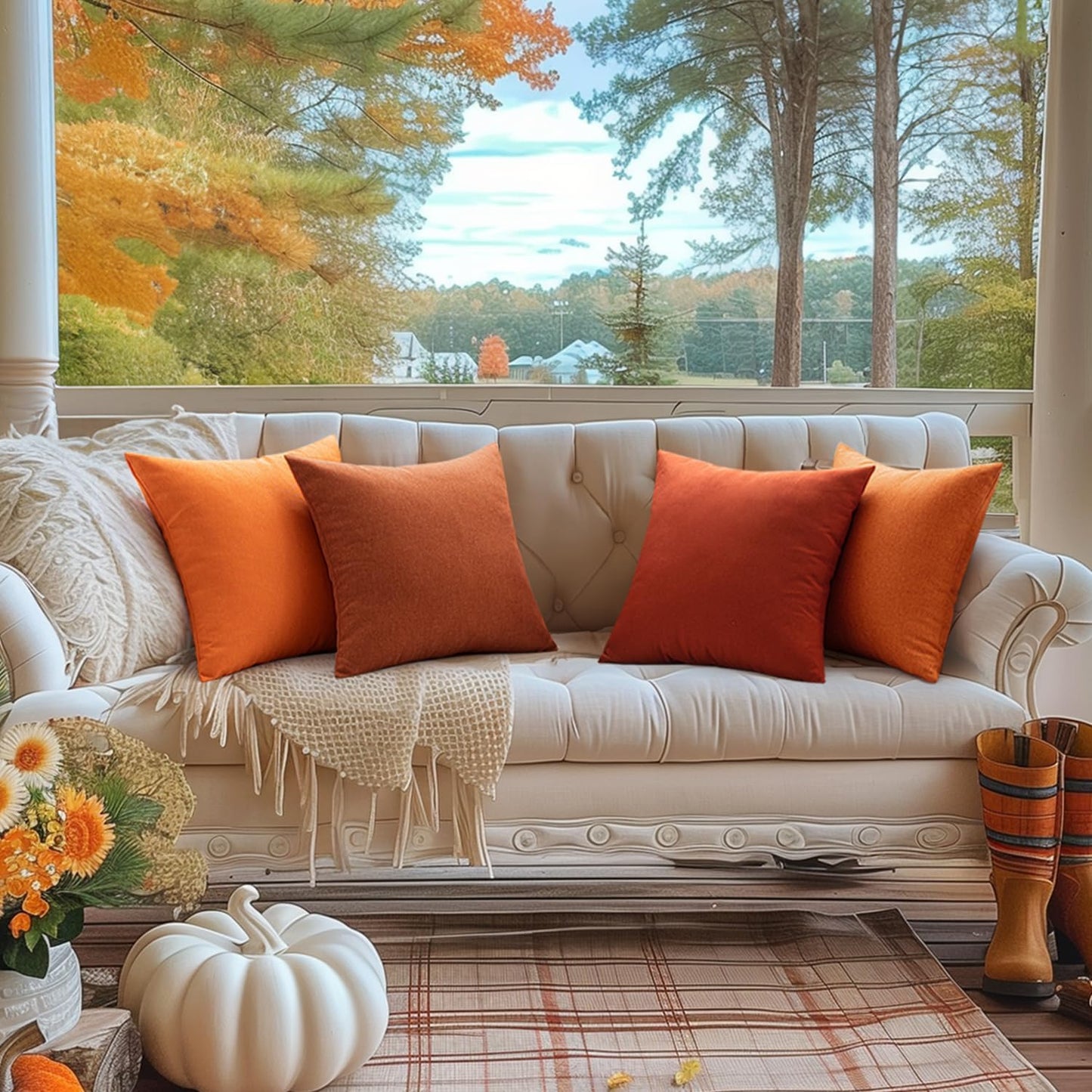 Pack of 2 Decorative Outdoor Solid Waterproof Fall Throw Pillow Covers Faux Linen Garden Farmhouse Cushion Cases for Summer Patio Tent Balcony Couch Sofa 18X18 Inch Bright Orange