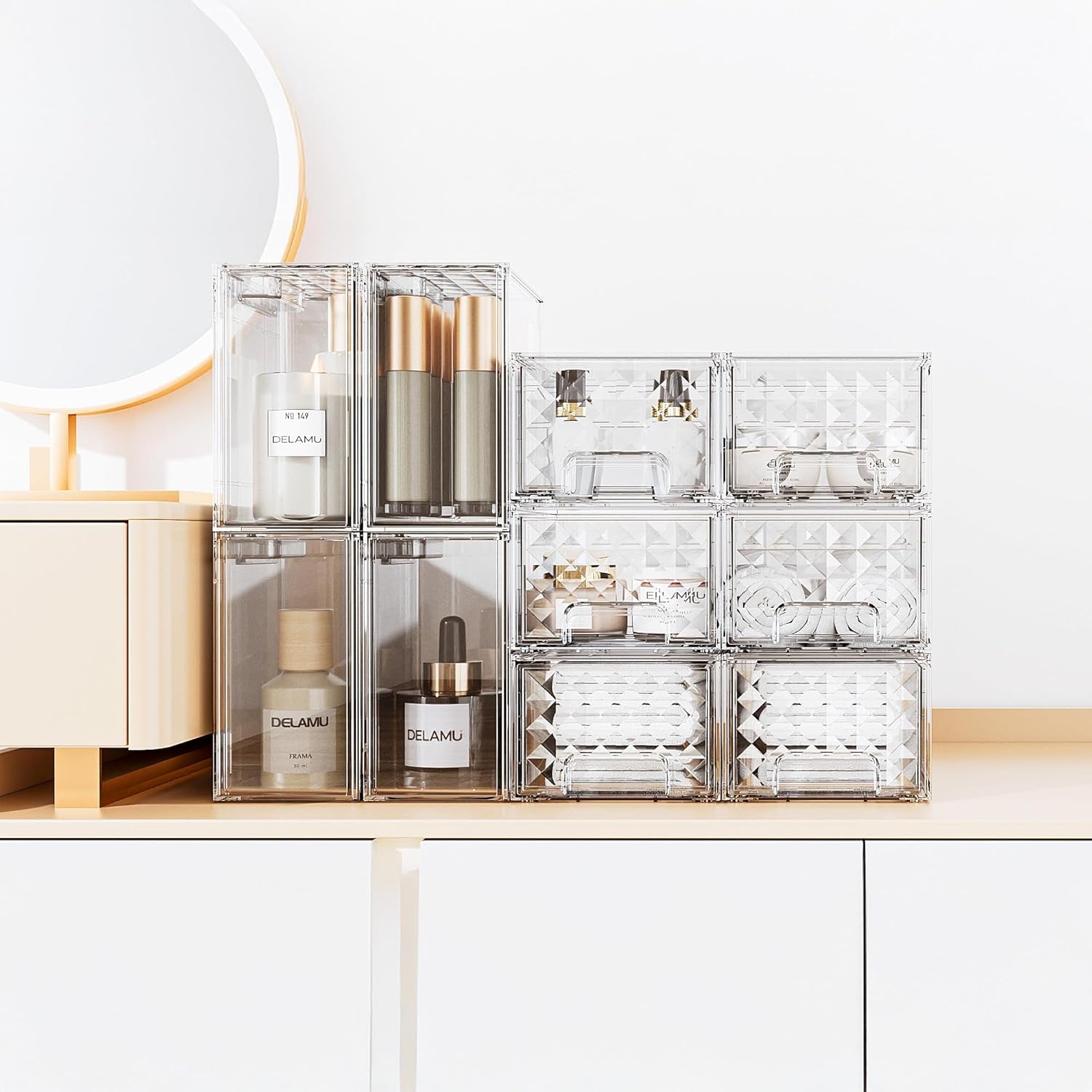 2 Pack Stackable Storage Drawers, Makeup Skincare Holder Vanity Storage Organizer, Plastic Drawers for Vanity Desk, Undersink, Kitchen Cabinet, Pantry, Bottle Organizer Baby and Storage,Clear