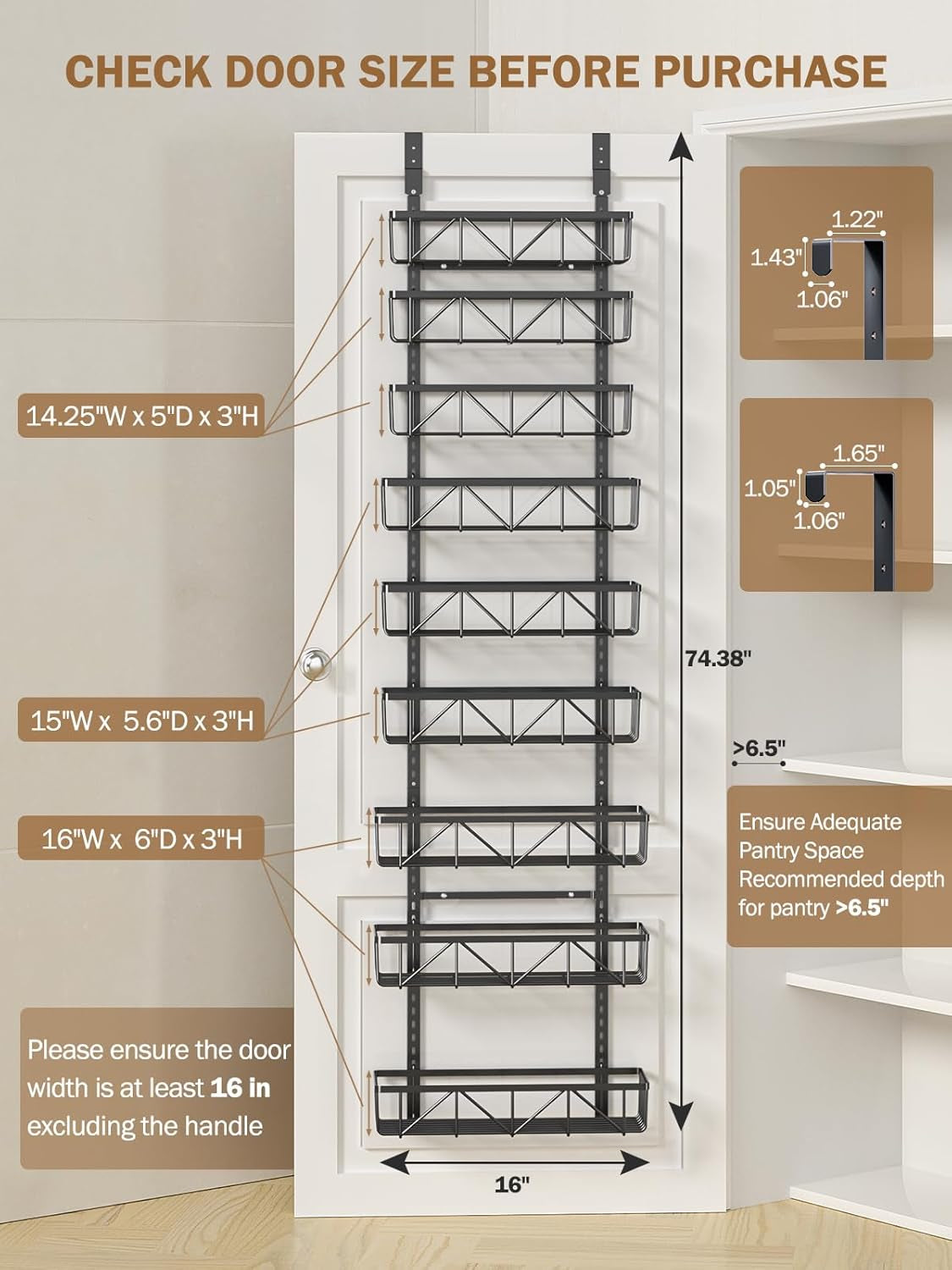 Adjustable over the Door Pantry Organizer, 9-Tier Metal Pantry Organization and Storage for Kitchen, Hanging Spice Rack Seasoning Shelves, Cabinet Door Organizer for Easy Install, 16" Black