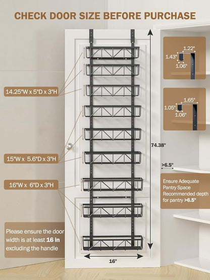 Adjustable over the Door Pantry Organizer, 9-Tier Metal Pantry Organization and Storage for Kitchen, Hanging Spice Rack Seasoning Shelves, Cabinet Door Organizer for Easy Install, 16" Black
