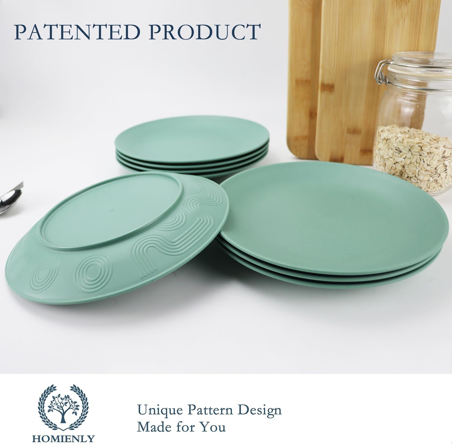 Set of 8 Microwave and Dishwasher Safe Wheat Straw Flat Dinner Plates - Unbreakable 10-Inch Kids Plates in Green, Model MS 01