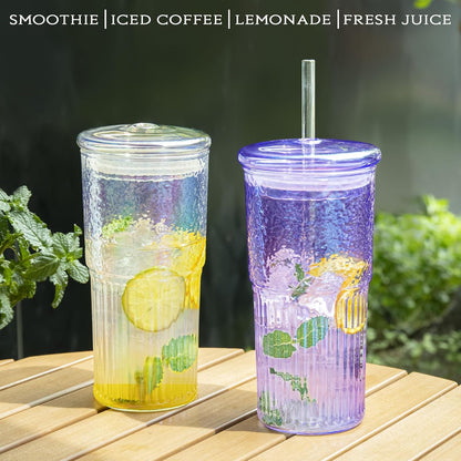 20Oz Glass Cups with Lids and Straws, 2 Pack High Borosilicate Iced Coffee Cups Drinking Glasses Tumbler for Smoothie, Water, Tea, Juice Drinks, Violet Purple