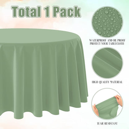 1Pcs Sage Green Plastic Tablecloths round Light Green Tablecloth Waterproof Disposable round Sage Table Cover for Birthday Bridal Wedding Baby Shower Party Decorations,84Inch