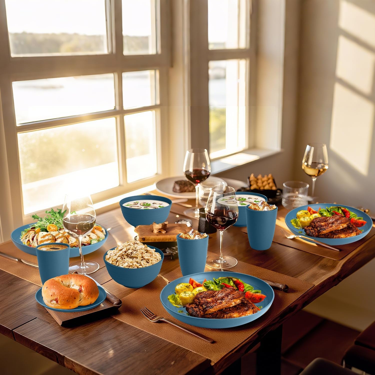 Premium Wheat Straw Dinnerware Set - Complete with Dinner Plates, Dessert Plates, Cereal Bowls, and Drinking Glasses - Microwave and Dishwasher Safe - Perfect for Camping - Blue