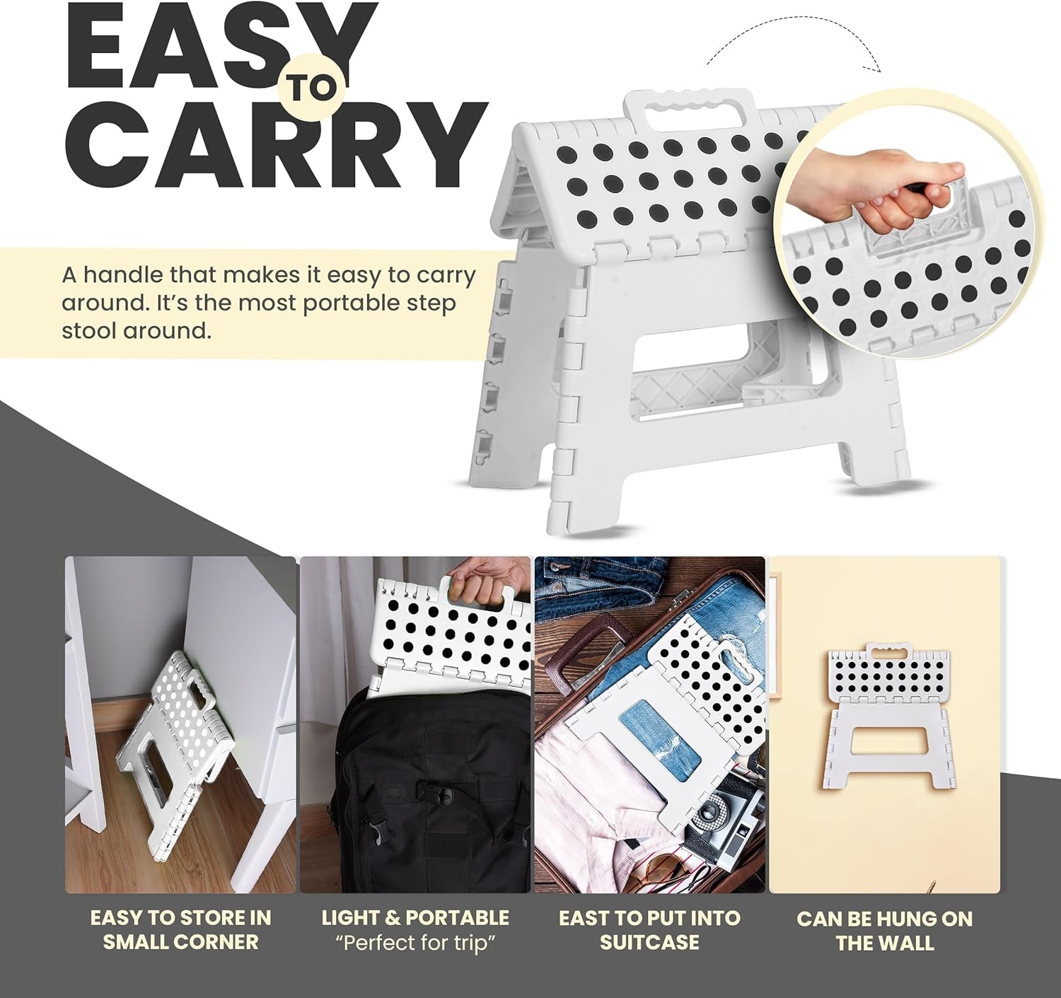 Folding Step Stool with 9 Inch Height (Pack of 1) - Holds up to 300 Lbs - Lightweight Plastic Foldable Step Stool for Kitchen, Bathroom & Living Room (White)