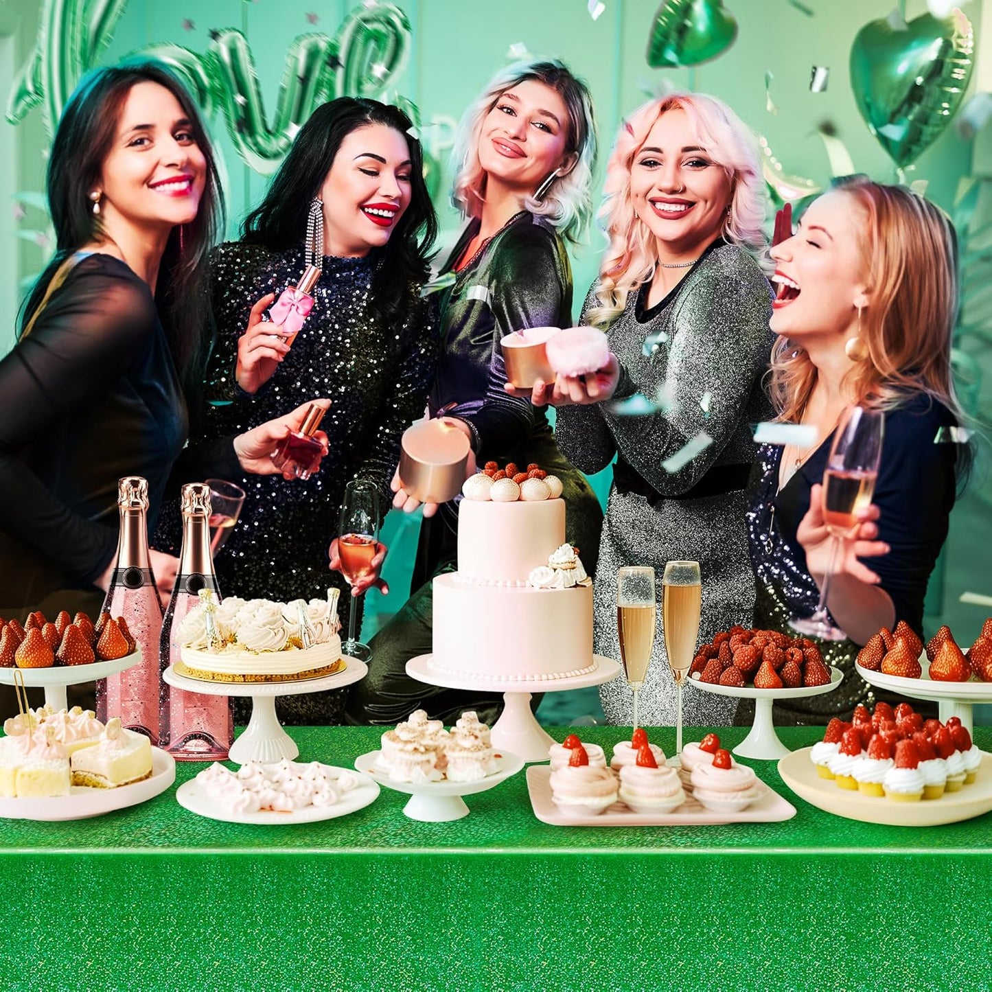 Set of 2 Dark Green Holographic Foil Tablecloths - 54x108 Durable Table Covers for Elegant Events, Ideal for Parties, Weddings, and Showers