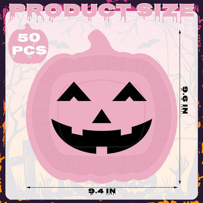 Pink Grimace Halloween Pumpkin Plates - 50 PCS, 9.6'' X 9.4'' Disposable Paper Plates for Party Supplies and Decorations