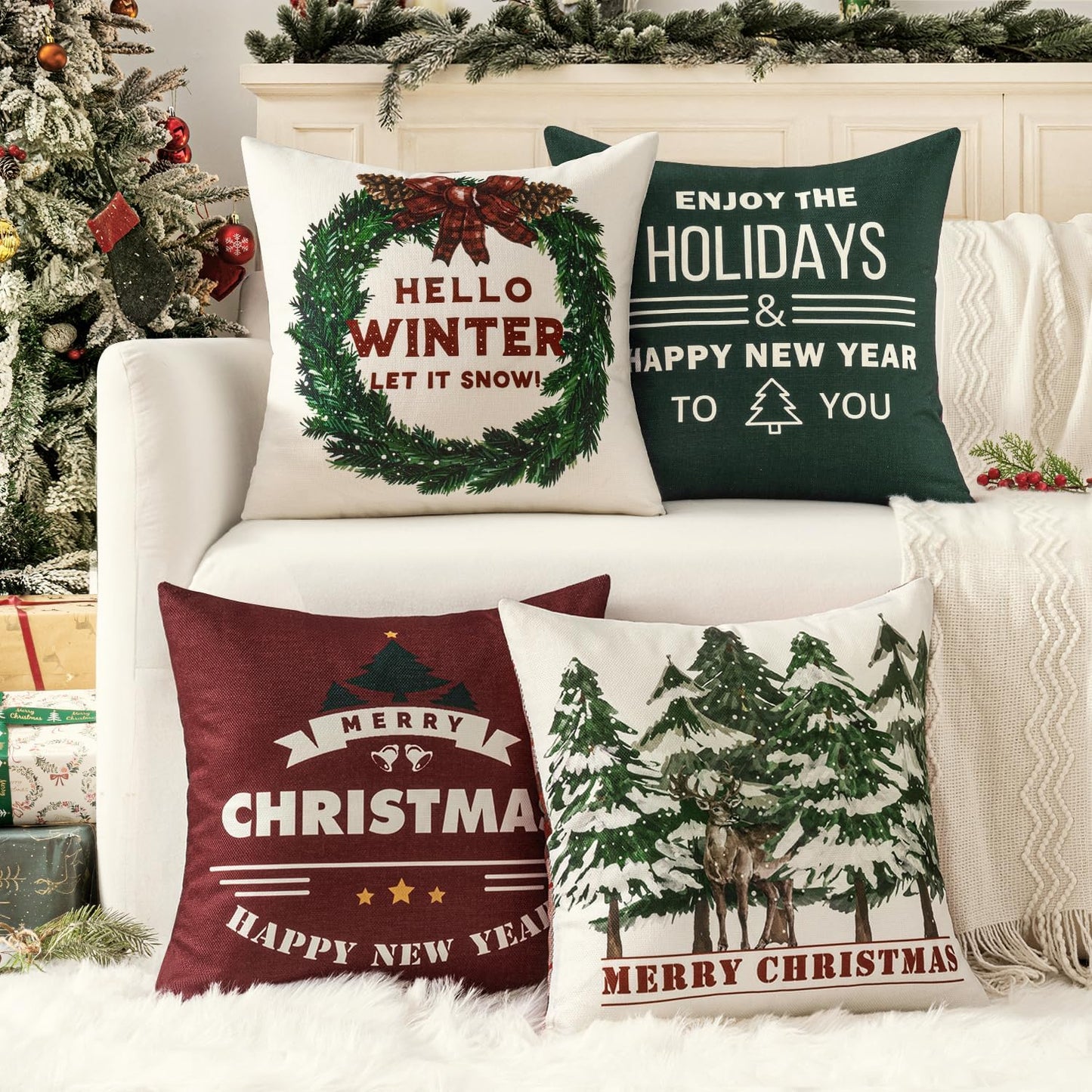Christmas Tree Reindeer Wreath Pillow Covers Red and Green Plaid Throw Pillow Covers Set of 4 Winter Holiday Cushion Case Decoration Farmhouse Modern for Sofa Couch Home Decor,18X18 Inch