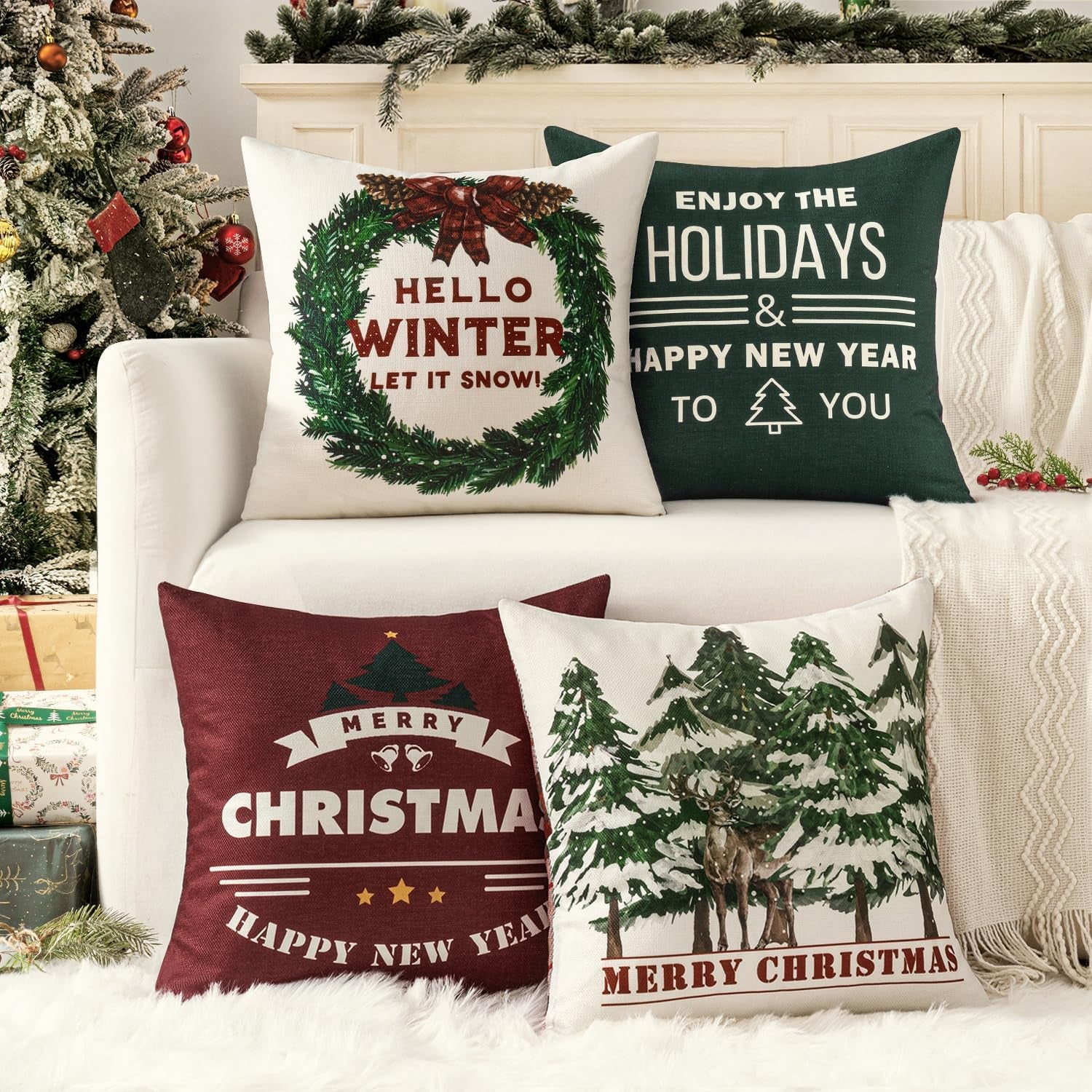 Christmas Tree Reindeer Wreath Pillow Covers Red and Green Plaid Throw Pillow Covers Set of 4 Winter Holiday Cushion Case Decoration Farmhouse Modern for Sofa Couch Home Decor,18X18 Inch
