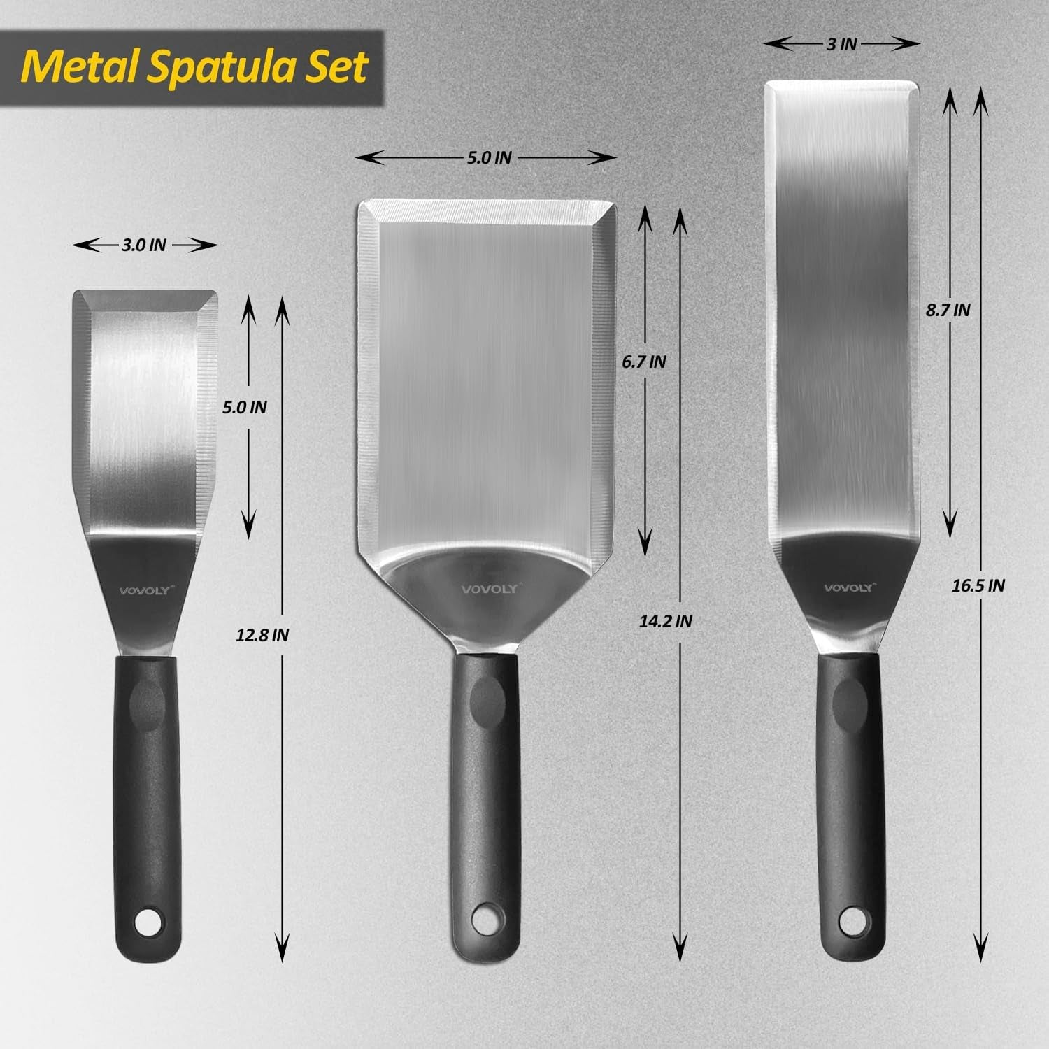 Stainless Steel Spatula Set with Full Tang Silicone Handle & Beveled Edges - Long Wide for Cast Iron Griddle BBQ Flat Top Grill, Pancake, Smash Burgers