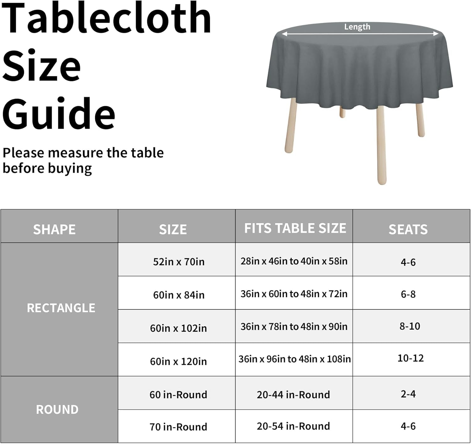 Faux Linen Waterproof Spill-Proof Tablecloth Stain Resistant round Table Cloth Wrinkle Free Decorative Fabric for Kitchen, Dining, Party, Weddings, Restaurants (70 In-Round, Dark Grey)