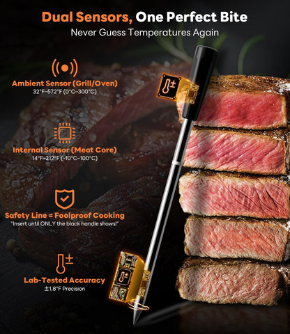 Wireless Meat Thermometer – Stable Bluetooth Smart Probe with ±1.8℉ Accuracy, 0.5S Fast Response & Long-Lasting Battery, IP67 Waterproof, App Controlled for Grill, Oven, Air Fryer