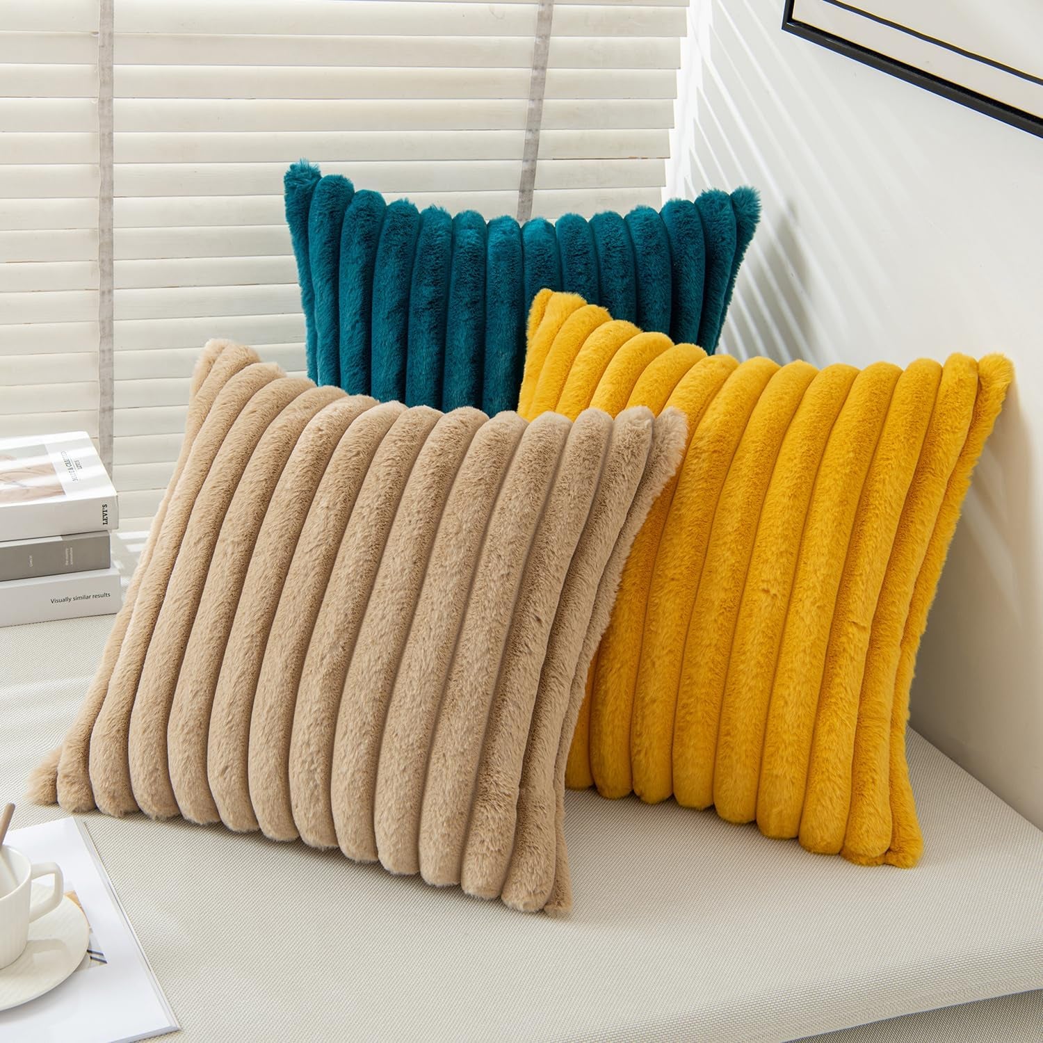 Faux Fur Plush Decorative Throw Pillow Covers Set of 2 Luxury Soft Fluffy Striped Pillowcases Cushion for Sofa Couch Bed Living Room Khaki 18X18 Inch
