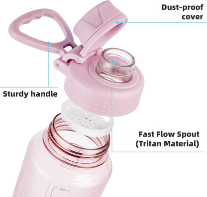 32 Oz Clear Water Bottle with Fast-Flow Spout Lid, Bpa-Free Tritan, Wide Mouth, Leakproof, Reusable Bottle for Gym, School, Office, Travel (Cherry Blossom)