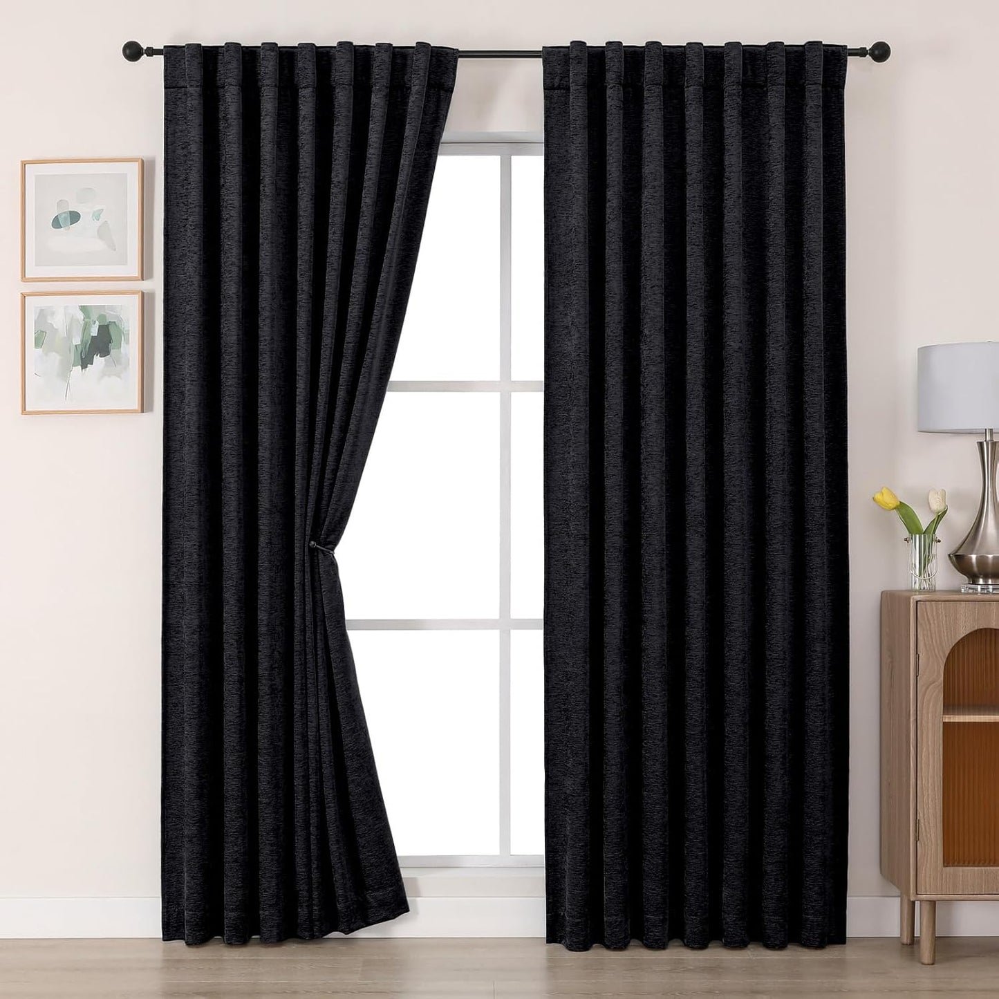 Chenille Black Curtains 72 Inch Length 2 Panels, Light Filtering Luxury Window Curtains, Back Tab Privacy Soft Velvet Window Curtain Drapes for Bedroom Living Room, 40" Wx72 L