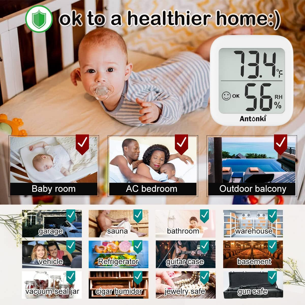 Pack of 4  Room Thermometer Indoor Hygrometer, Humidity Gauge, Humidity Meter, Digital Temperature and Humidity Monitors for Home, Baby Room, Terrarium, Incubator - 4 Pack (2 White+2 Black)
