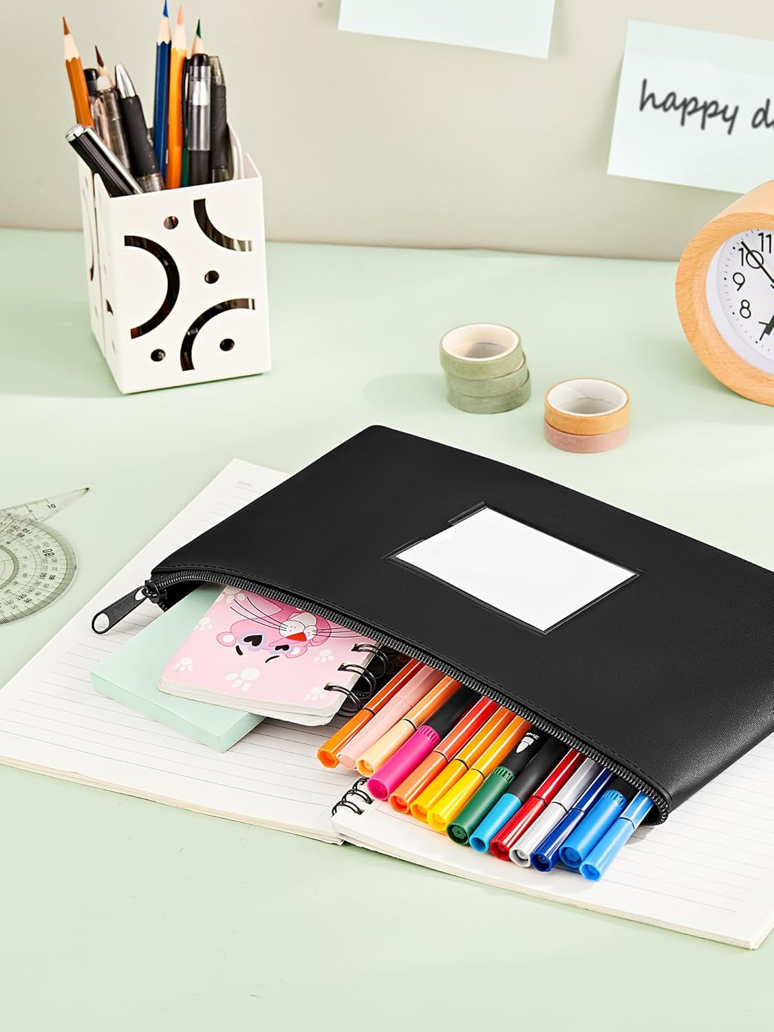 2-Pack Bank Deposit Money Bags with Zipper, PU Leather Bags Cash Wallet Pouches with Label, for Coins, Cosmetics, Invoice, Bills, Tools, 11.5 X 6.2 Inches, Aqua Blue & Black