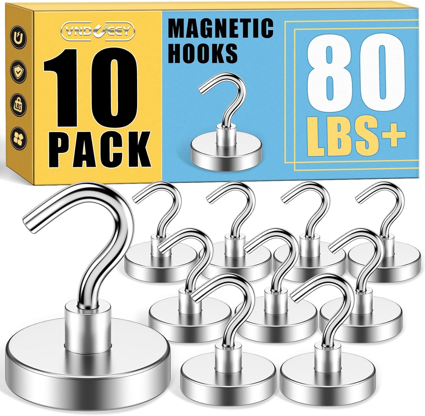Heavy-Duty Magnetic Hooks - 80 lbs Capacity, Super Strong for Cruise Cabins, Refrigerators, Classrooms, and Grills (Silver, Pack of 10)