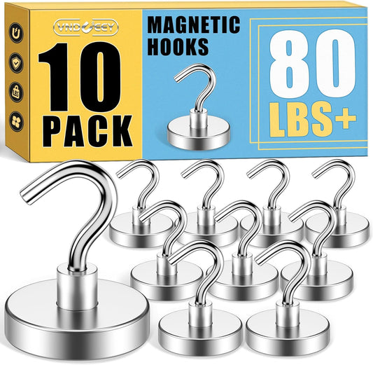 Heavy-Duty Magnetic Hooks - 80 lbs Capacity, Super Strong for Cruise Cabins, Refrigerators, Classrooms, and Grills (Silver, Pack of 10)