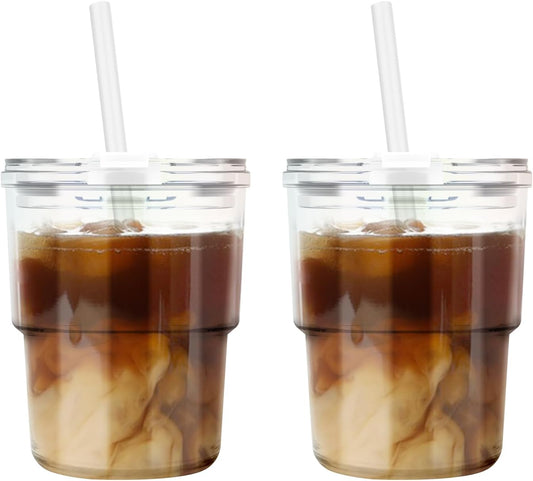 13Oz Tumbler Water Glass Cups with Straw and Lid, 2 Pack Reusable Glass Coffee Tumbler for Iced Tea, Coffee, Sealed Carry-On Travel Cups for Office, Party,Home and Outdoor (Iridescent Shimmer)