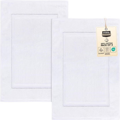 Cotton Banded Rug, Bath Mats, Not a Bathroom Rug, 21 by 34 Inches, 100% Ring Spun Cotton, Highly Absorbent Shower Bathroom Floor Mat, White, 2 Pack