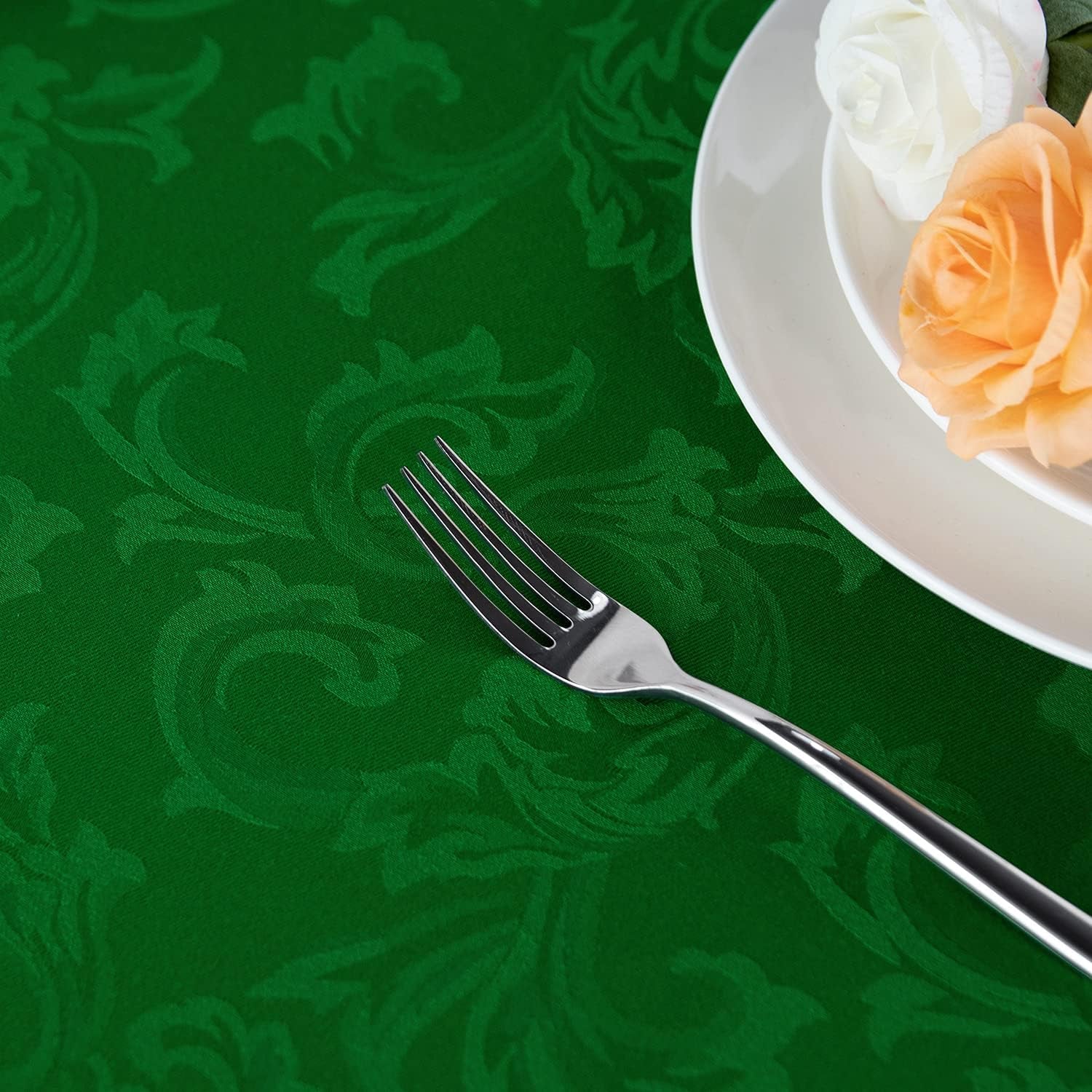210GSM Solid Flower Jacquard Table Cloth - Heavy Duty Waterproof Wrinkle Free Microfiber Tablecloth, Decorative Fabric Table Cover for Outdoor and Indoor Use (Green, Rectangle 60 X 84 Inch)