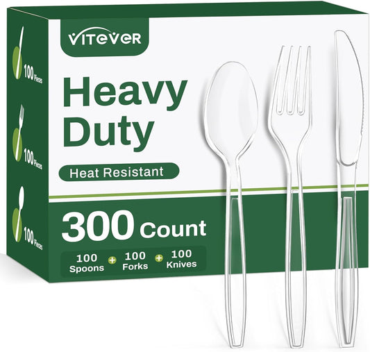 300 Count Heavy Duty Clear Plastic Silverware, Disposable Plastic Utensils Set, 100 Forks, 100 Spoons, 100 Knives, Bpa-Free Heat Resistant Durable Plastic Cutlery Set for Party