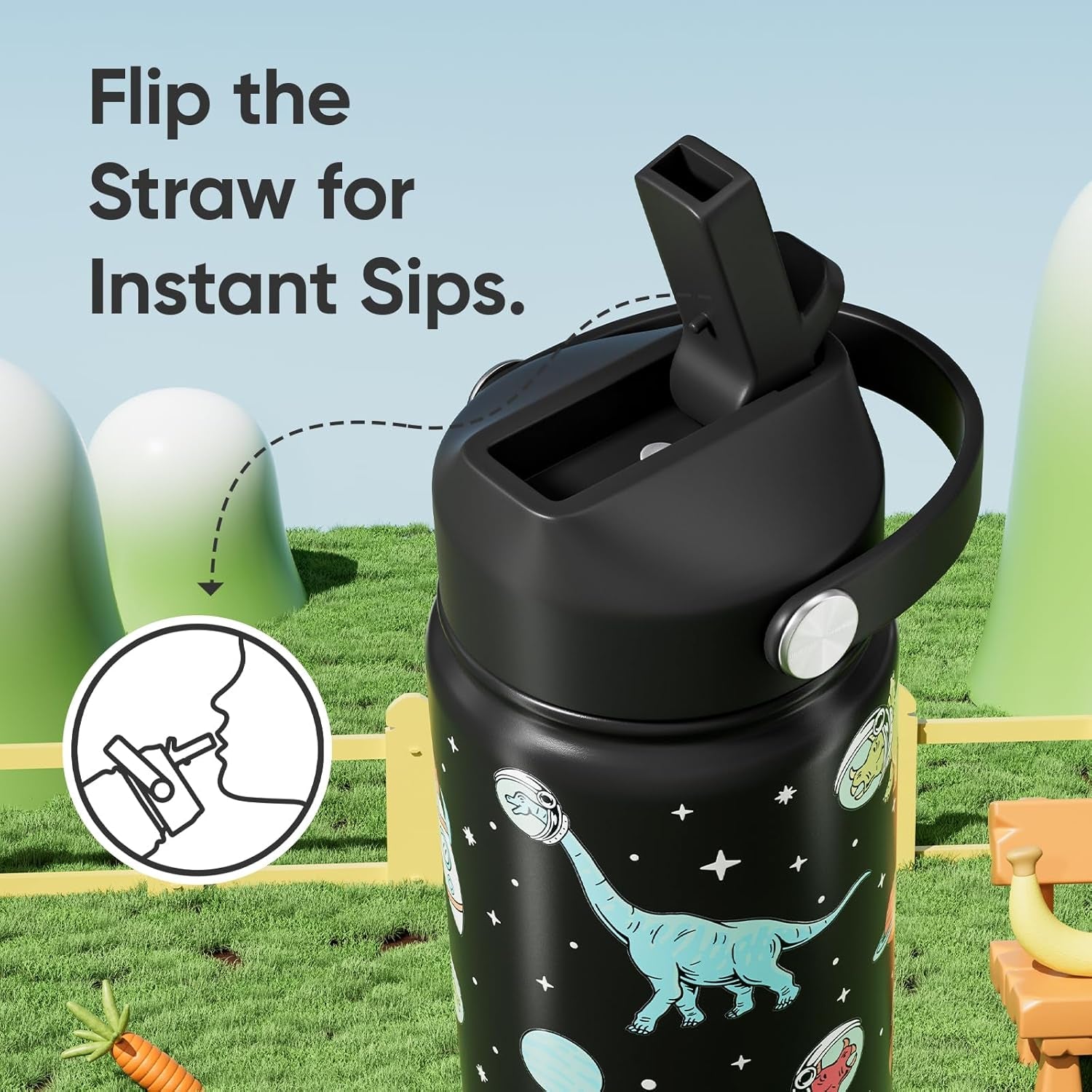 18 Oz Stainless Steel Insulated Water Bottle with Flip Straw and Handle, Leak-Proof Design, Cup Holder Compatible, Reusable for Travel, Gym, and School (Dinosaur)