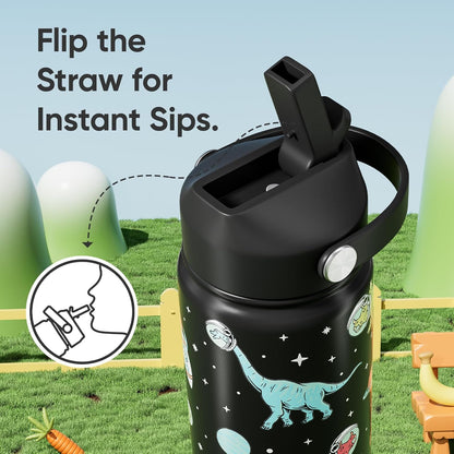 18 Oz Stainless Steel Insulated Water Bottle with Flip Straw and Handle, Leak-Proof Design, Cup Holder Compatible, Reusable for Travel, Gym, and School (Dinosaur)