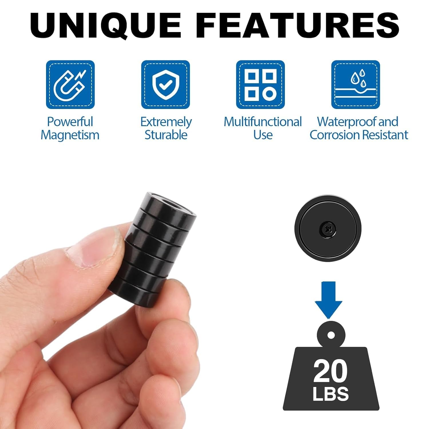 20Lbs Neodymium Magnets, 6Pack Strong Magnet, Cabinet Magnets with Screws, Rare Earth Magnet for Holding Tools, Door, Magnetic Cabinet Locks-Black, 0.63X0.19Inch