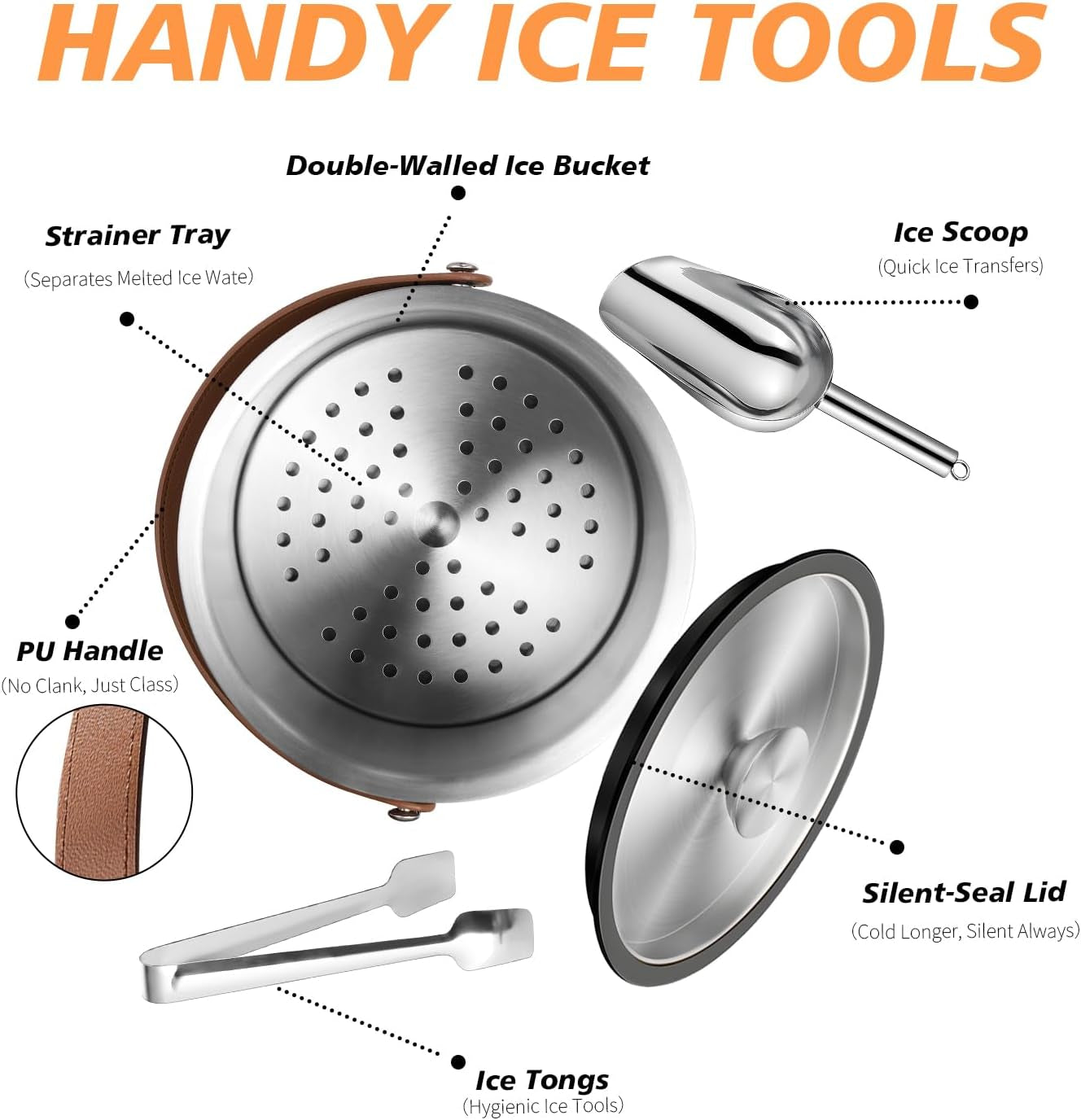 Double-Wall Vacuum Insulated Ice Bucket with Lid, Scoop, Ice Tong, Strainer & Leather Handle Keep Ice Frozen Longer Large Wine Ice Buckets for Cocktail Bar,Parties Chilling Beer Champagne 3L