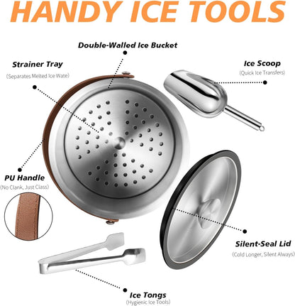 Double-Wall Vacuum Insulated Ice Bucket with Lid, Scoop, Ice Tong, Strainer & Leather Handle Keep Ice Frozen Longer Large Wine Ice Buckets for Cocktail Bar,Parties Chilling Beer Champagne 3L