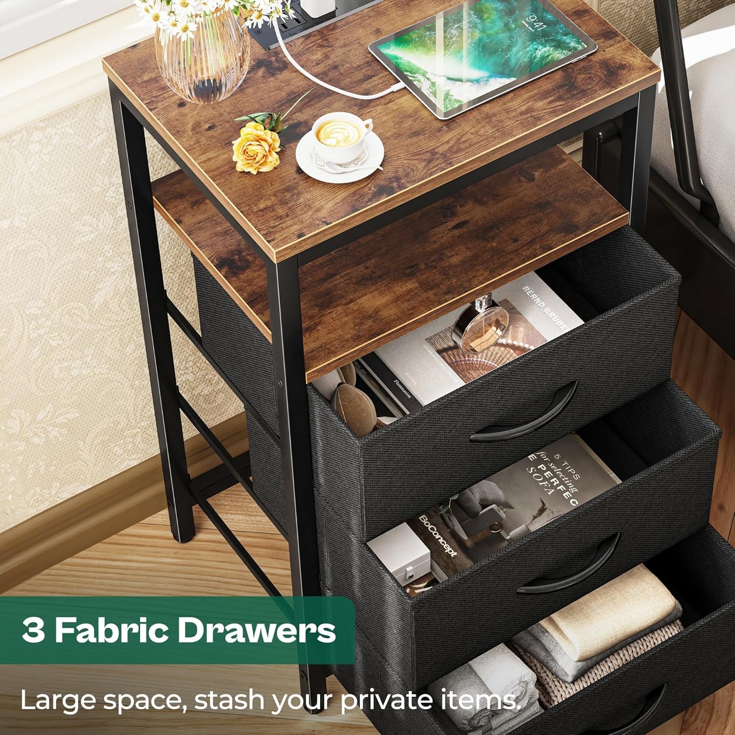 Rustic Brown and Black Nightstand with Integrated Charging Station, 27.6 Inch End Table Featuring USB Ports and Outlets, Fabric Drawers for Bedroom Use