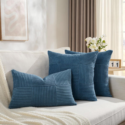 Set of 2 Dusty Blue Lumbar Boho Decorative Throw Pillow Covers 12X20 Inch for Living Room Bedroom Couch, Modern Farmhouse Home Decor, Soft Striped Patchwork Plaid Corduroy Cushion Case