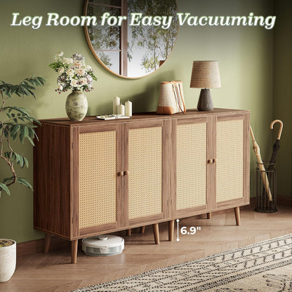 Walnut Buffet Cabinet with Synthetic Rattan Door Accents and Solid Wood Legs for Hallway, Entryway, and Living Room Storage