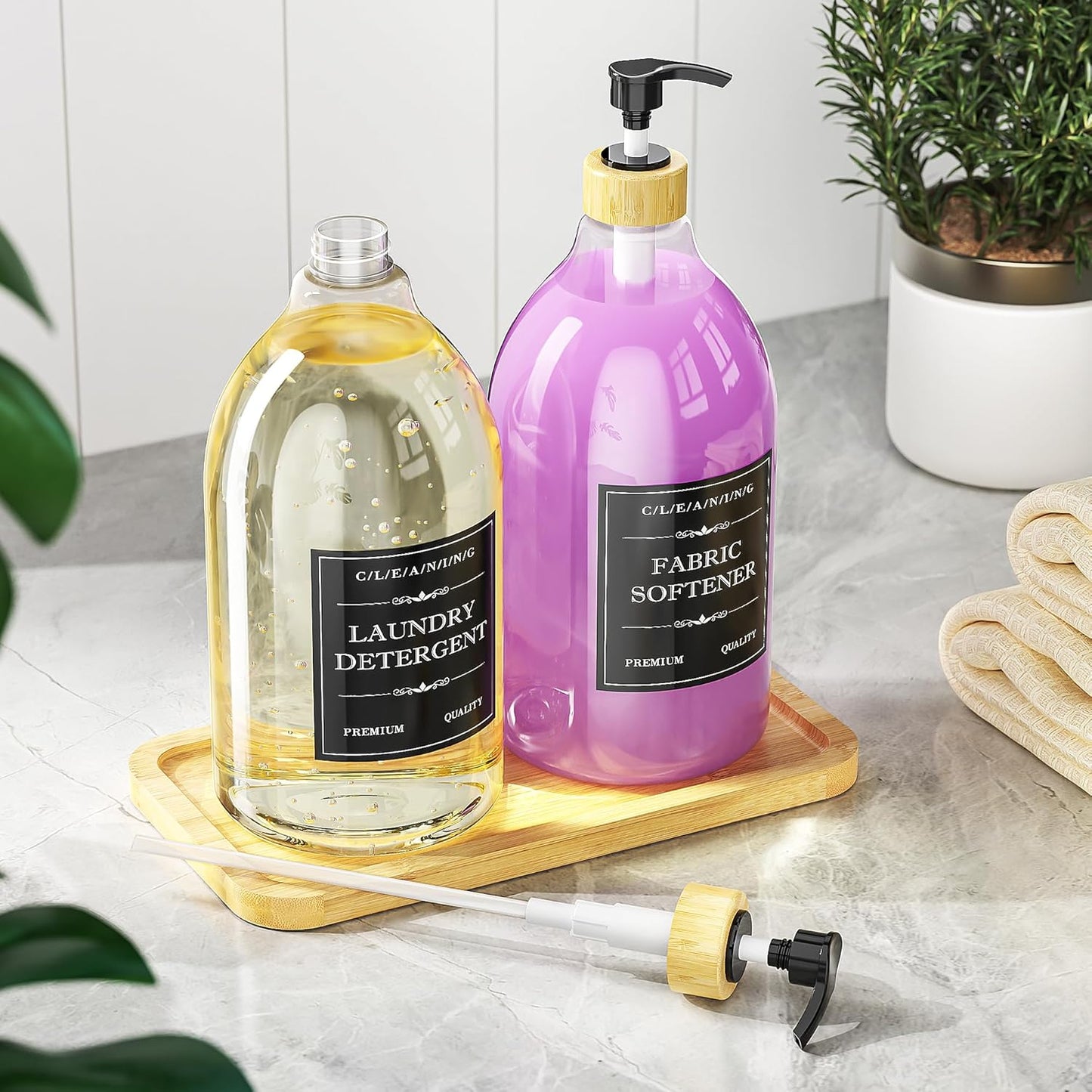 Liquid Laundry Detergent Dispenser with Bamboo Tray, 2 Pack 64 Oz Plastic Laundry Soap Dispenser, Fabric Softener Dispenser with Pump and Labels for Laundry Room Decor and Organization
