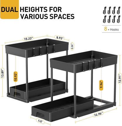2 Pack under Sink Organizers and Storage, 2 Tier Pull Out under Cabinet Organizer, Black under Sink Storage for Bathroom Kitchen, under Counter Storage Organizer with 8 Hooks