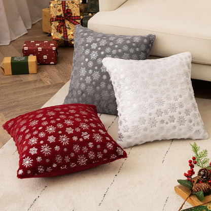 Christmas Burgundy Throw Pillow Covers Set of 2 Snowflakes Decorative Winter Couch Pillowcases 18×18 Inch Soft Plush Faux Fur Farmhouse Home Holiday Festival Decors for Sofa Living Room Bed