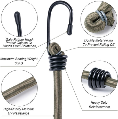 18Inch Bungee Cords with Hooks,6Pcs Heavy Duty Extra Strong Outdoor Elastic Rope,Multi-Purpose Elastic Bungee Straps for Luggage,Camping,Tarps,Bike Rack,Outdoor Tent,Weatherproof（Black）