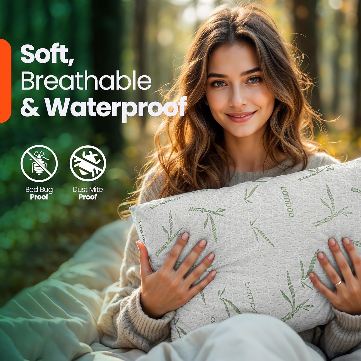 Waterproof Pillow Protectors with Zipper Queen Size (2 Pack), Soft and Cooling Bamboo Viscose Pillow Covers, Bed Bug Proof Pillow Encasements 20 X 28 Inches
