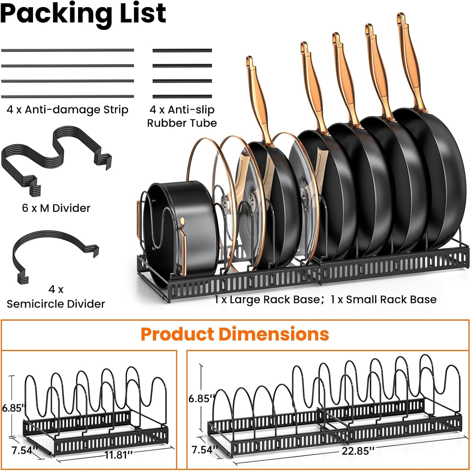 Pots and Pans Organizer Rack for under Cabinet, Expandable 11.71''-22.85'' Pot Lid Kitchen Cabinet Organizer Holder with 10 Adjustable Compartment Cutting Board Organizer for Pan Lid, Bakeware