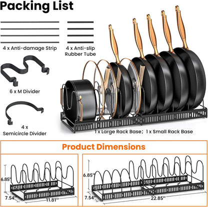 Pots and Pans Organizer Rack for under Cabinet, Expandable 11.71''-22.85'' Pot Lid Kitchen Cabinet Organizer Holder with 10 Adjustable Compartment Cutting Board Organizer for Pan Lid, Bakeware