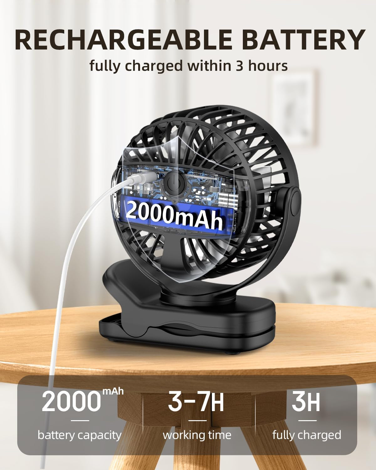 Mini Clip on Fan, Battery Operated Desk Fan, Digital Display，3 Speeds Adjustable, Bidirectional 360 ° Adjustable, Super Strong Wind, Portable Fan for Home Office Stroller Camping Black
