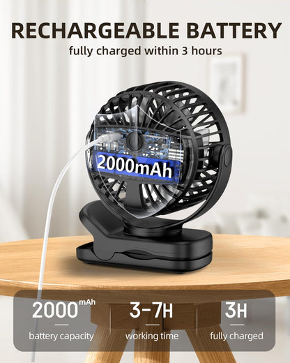 Mini Clip on Fan, Battery Operated Desk Fan, Digital Display，3 Speeds Adjustable, Bidirectional 360 ° Adjustable, Super Strong Wind, Portable Fan for Home Office Stroller Camping Black