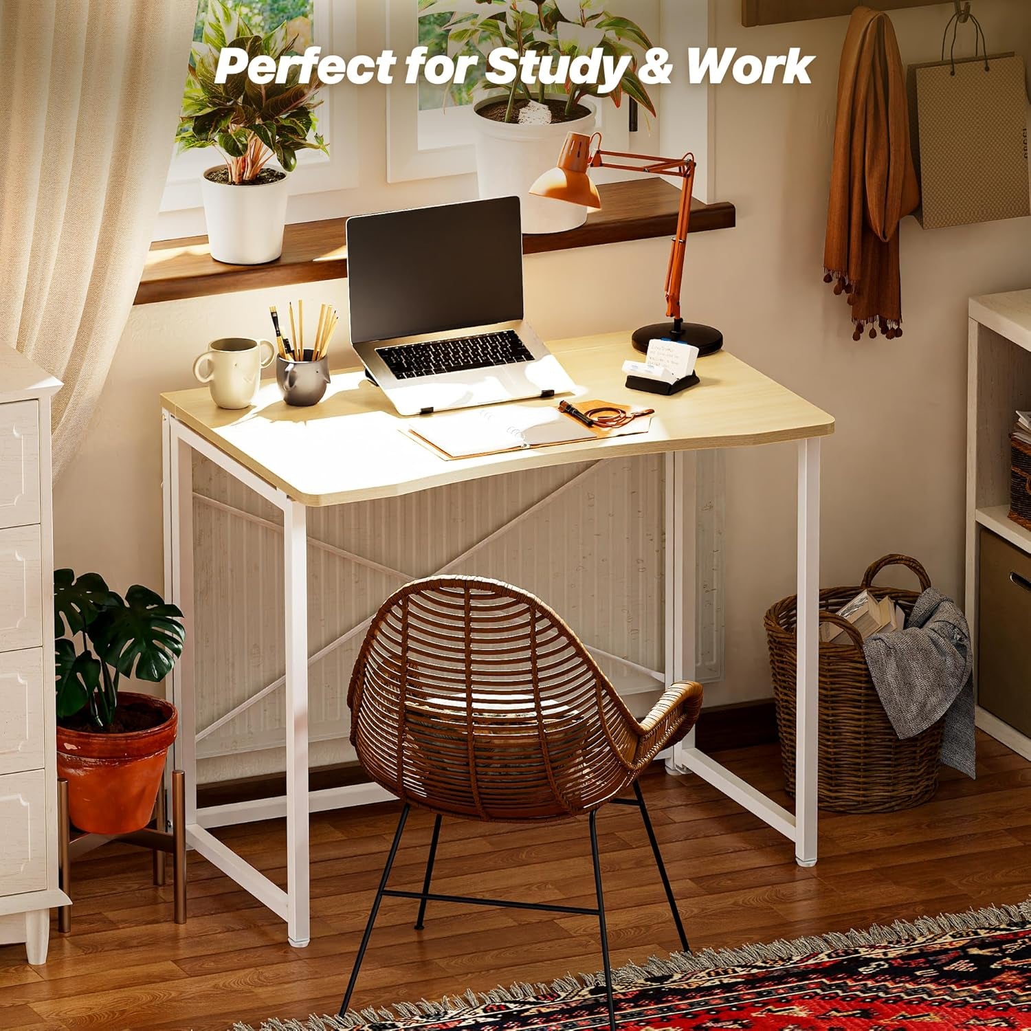 Compact Folding Desk for Small Spaces - 31.5 Inch Oak Computer Table for Home Office, Study, Bedroom, and Dorm Use - Space-Saving Design with Easy Fold Feature