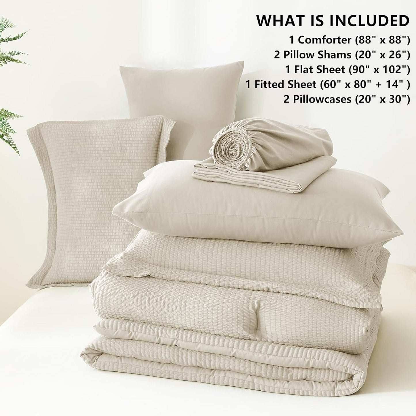 Queen Comforter Set - 7 Pieces Seersucker Bed in a Bag, Soft Lightweight Boho Bedding Set with All Season Comforters Queen Size, Sheets, Pillowcases & Shams, Beige Queen
