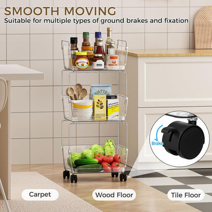 3 Tier Rolling Cart for Kitchen, Bathroom, Office – Acrylic Utility Storage Carts with 2 Lockable Wheels – Ideal for Small Spaces, Pantry, Classroom, Makeup Organizer, Dorm Storage, Clear